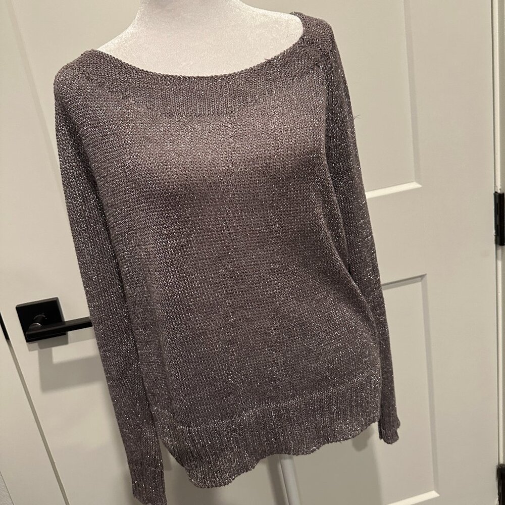 Garnet Hill Silver Metallic Loose Weave Linen Sweater Size XS